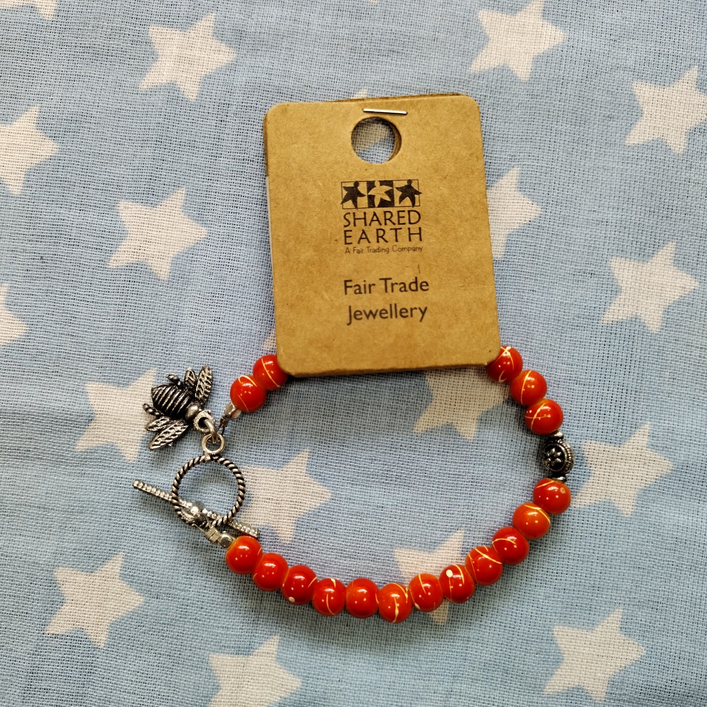 Orange Glass Beads & Bee Charm Bracelet