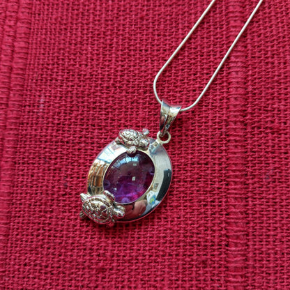 925 Sterling Silver Turtles & Amethyst Necklace Pendant