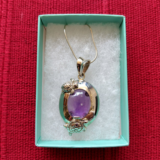 925 Sterling Silver Turtles & Amethyst Necklace Pendant