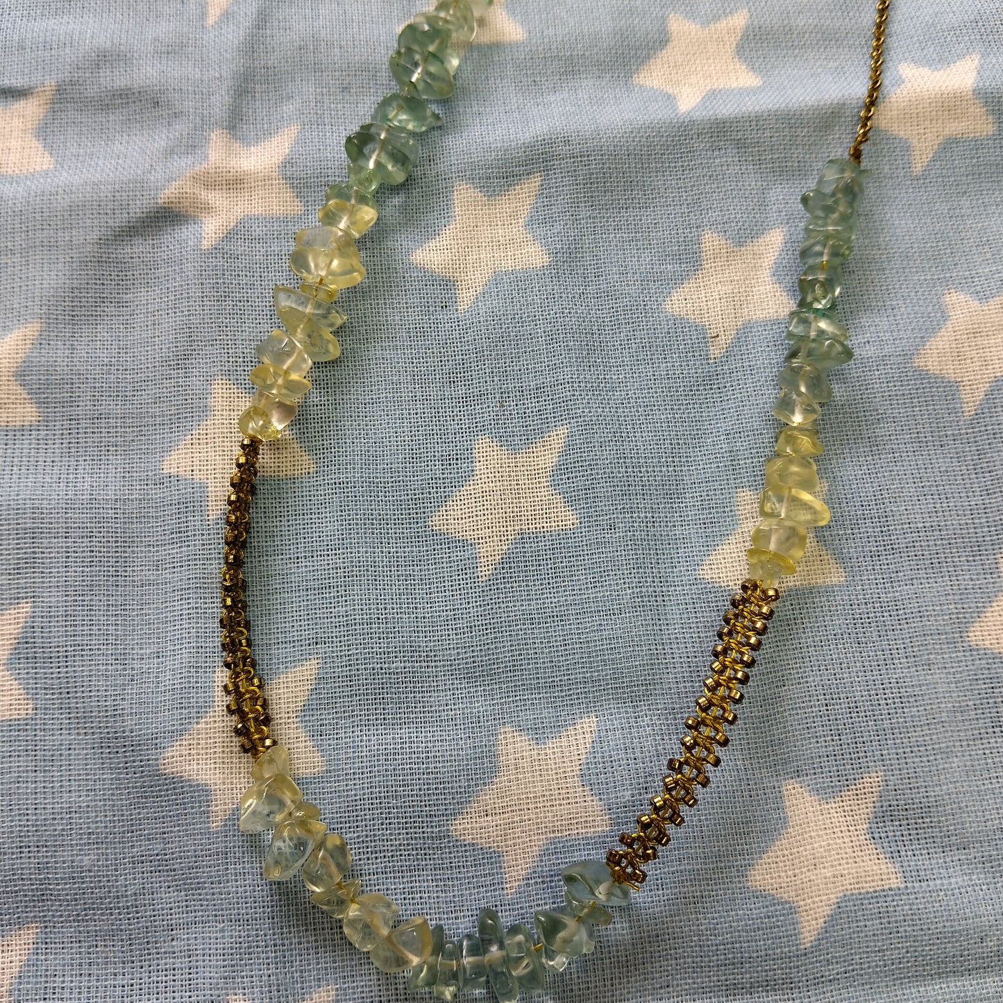 Handmade Gold Tone Beaded Necklace Mint & Clear