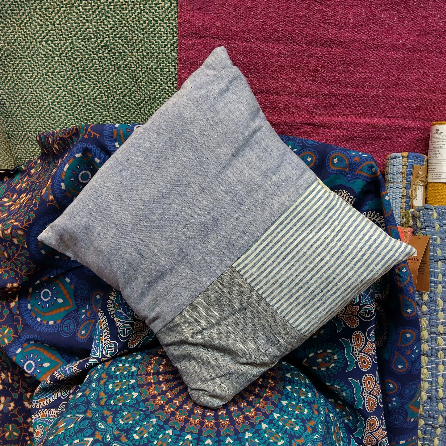 Handmade Patchwork Cushion Cover - Blue