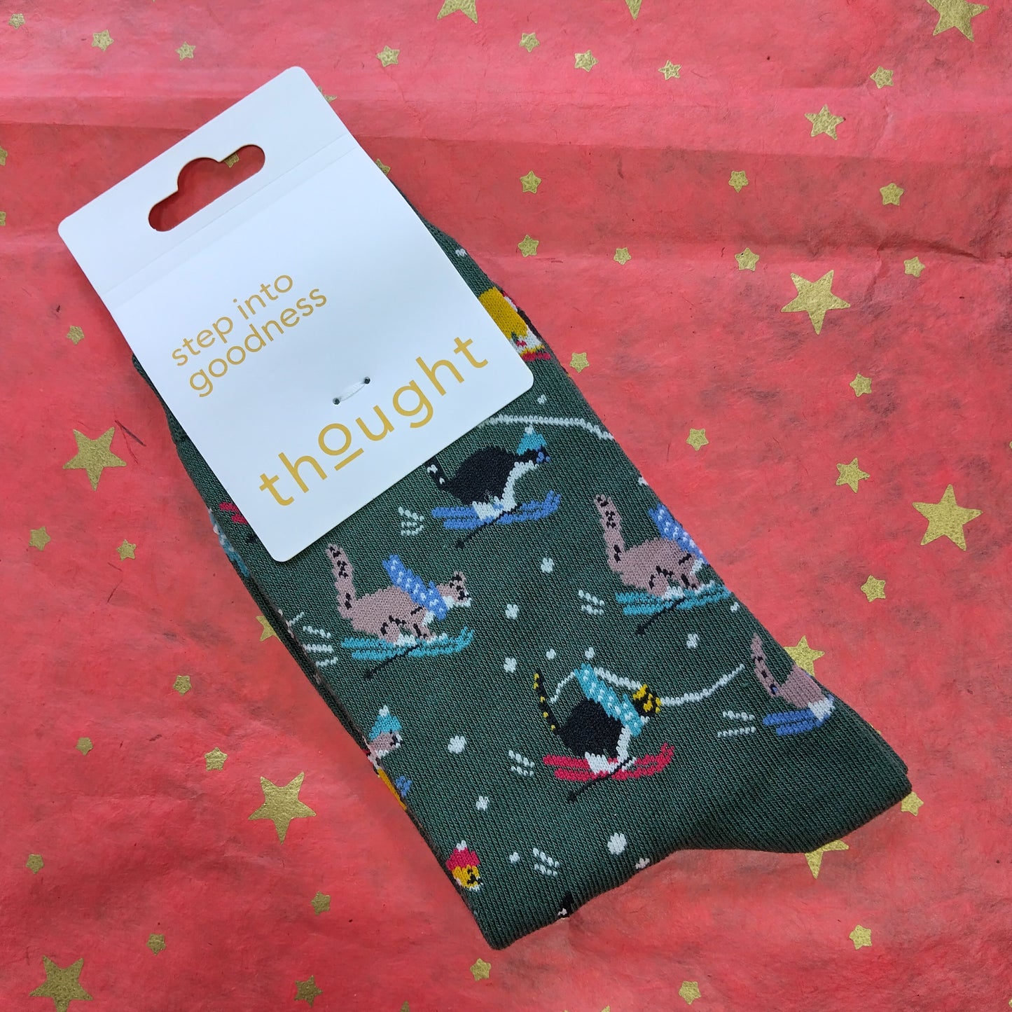 Thought Bamboo Christmas Socks - Skiing Cats